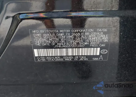 2007 Lexus Es 350 z USA, uszkodzony, nr VIN JTHBJ46G372012447